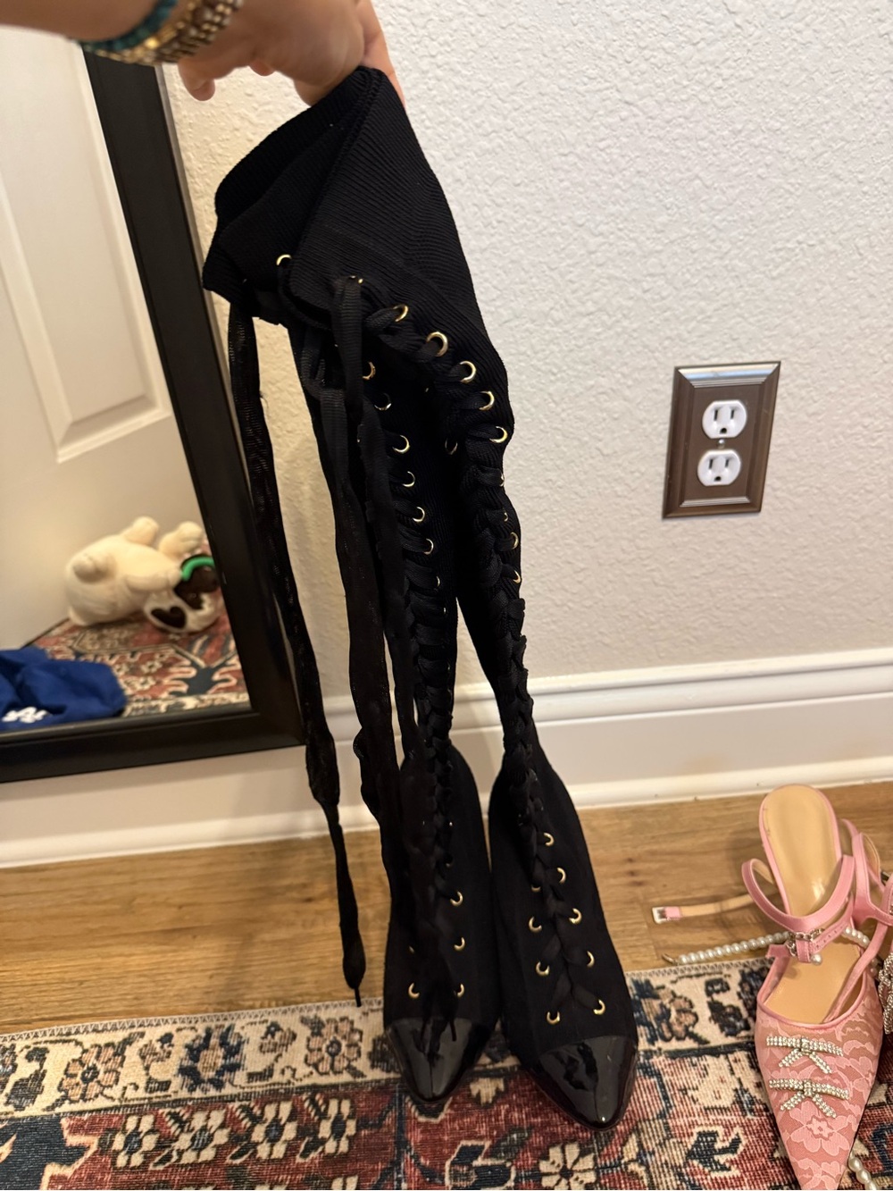 Christian Louboutin Black Lace-Up Over-the-Knee Pointed Boots - Picture 2 of 6